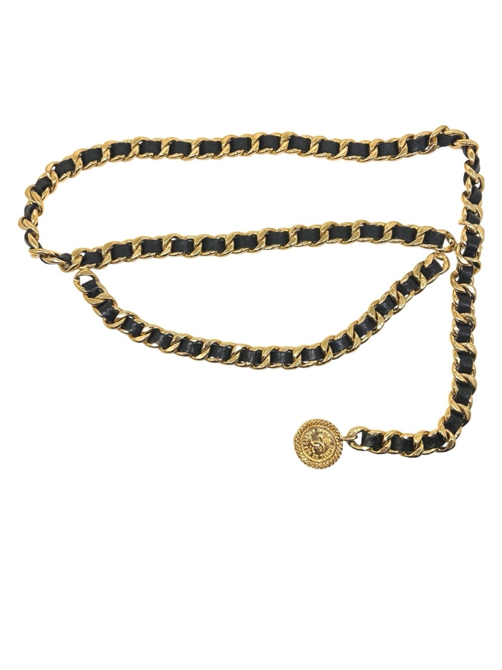 CHANEL Gold and Black Chain-Link Waist Belt with Medallion